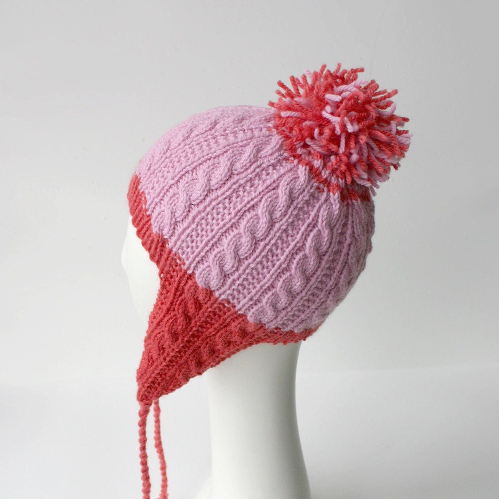 Hand Knit Gingerbread Icing Ear Flap Hat in Pink and Melon