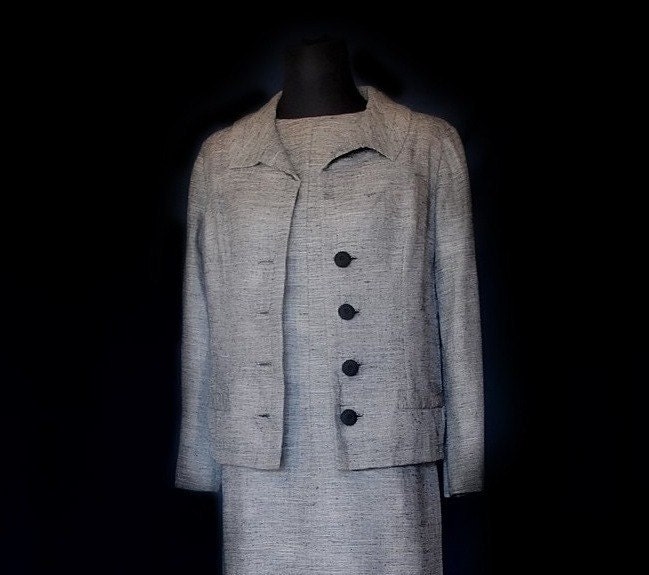 Black and white suit dress Linen and silk mix, M, 60s/70s