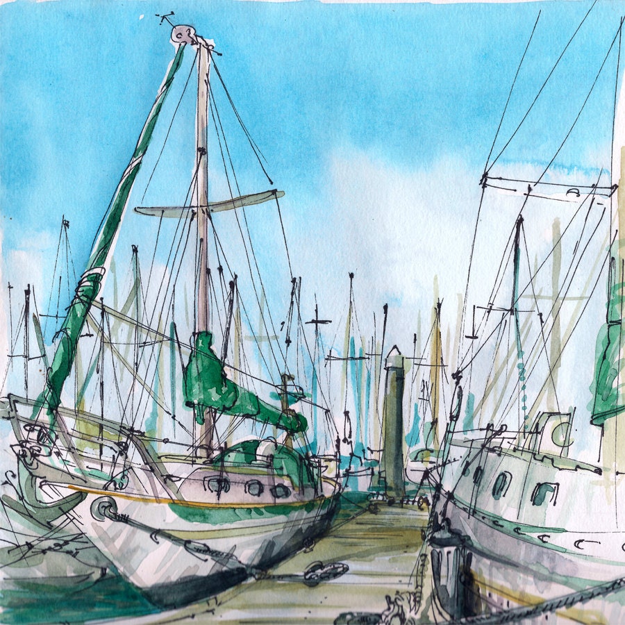 Boats, Santa Cruz, california, a watercolor sketch in blue and green - 8x8 print from an original sketch