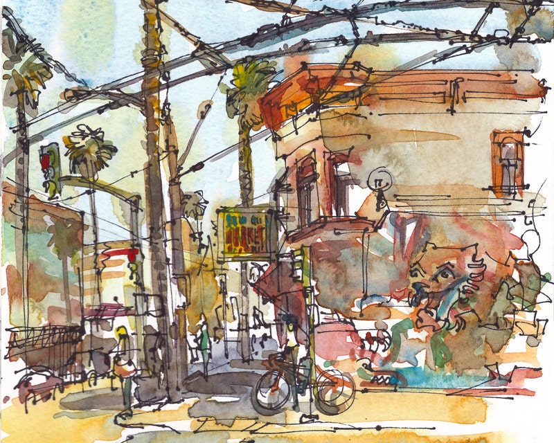 San Francisco Mission california urban watercolor sketch travel art - 8x10 print from an original watercolor