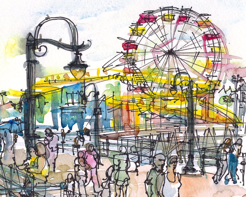 Santa Monica Pier, California, watercolor sketch in primary colors - 8x10 print