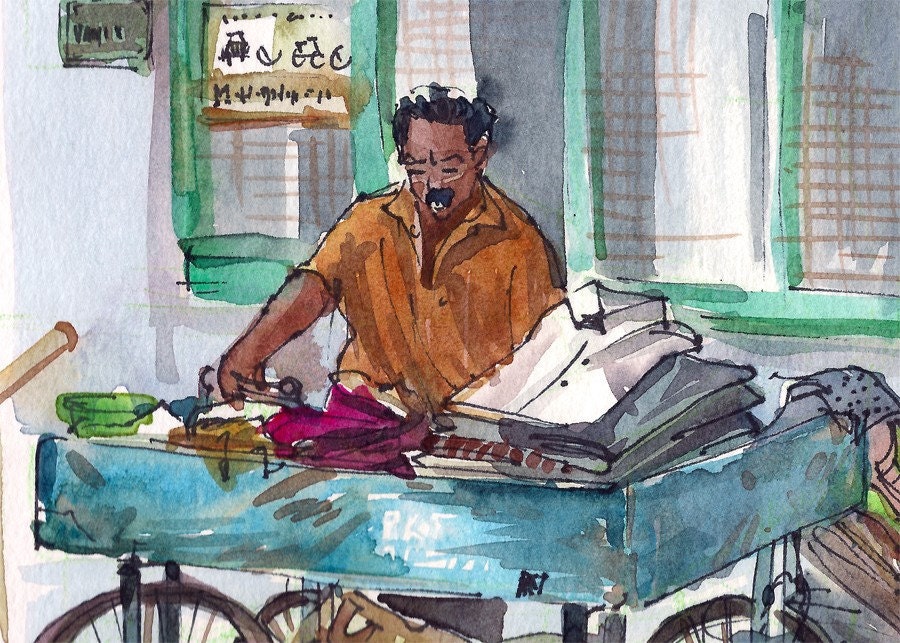 Sketch from India, Ironing Man, Watercolor Sketch - 8x8 print