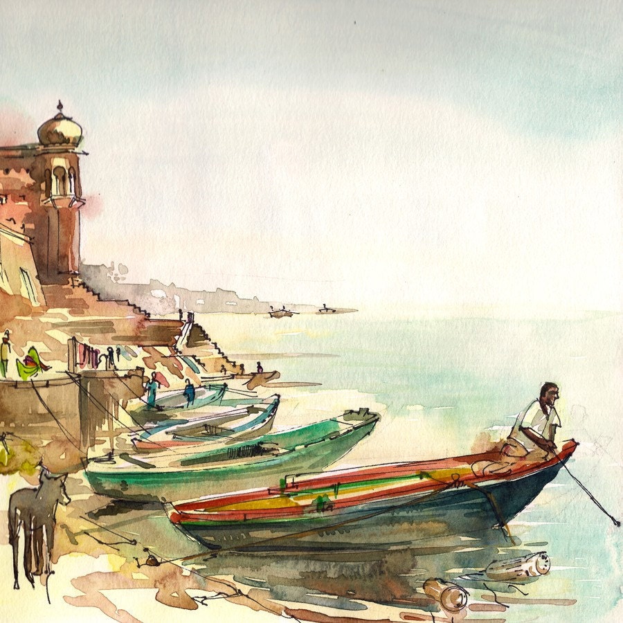 India Varanasi Boatman on the River, watercolor sketch 8x8 art print