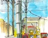 San Francisco Watercolor Sketch, Power Lines and Newspaper Dispensers, Urban travel sketch- 8x10 print