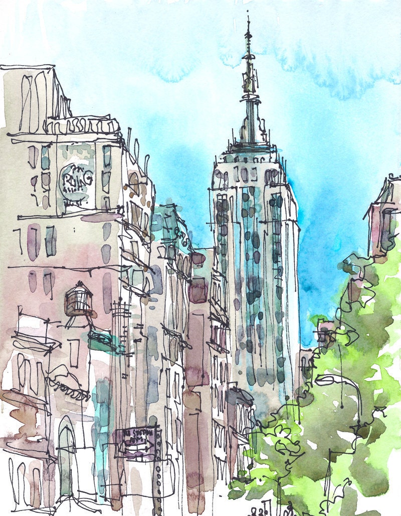 New York sketch  Empire State, New York City Art Print from a watercolor sketch, - 8x10 print