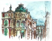 Mexico City sketch ,Turquoise dome, Architectural art urban art in copper and brick red - 8x10 print
