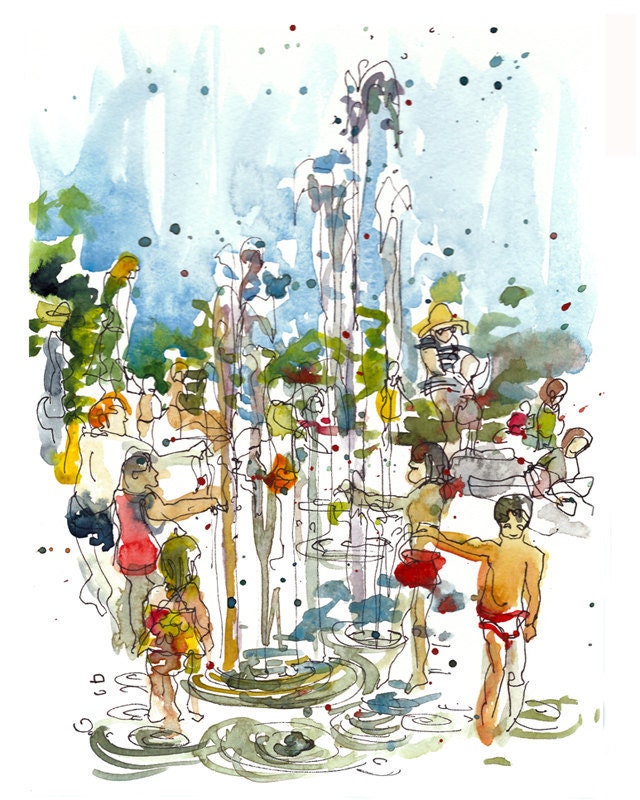 Children's art water play in rainbow colors  -8x10 fine art print from an original watercolor sketch