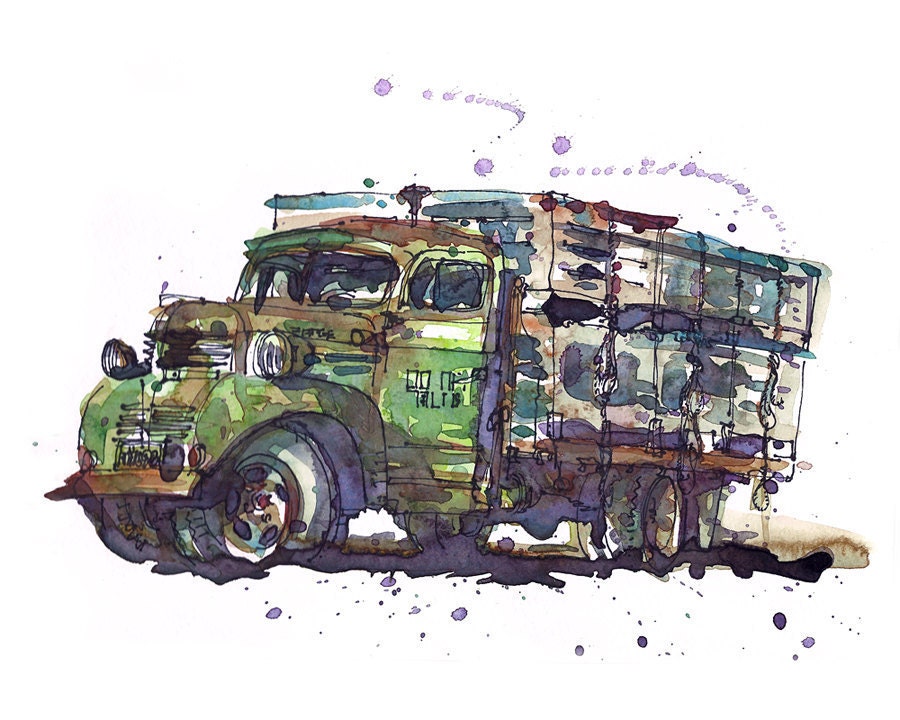 Fathers day gift, Vintage Truck, gift for guys a watercolor sketch in green grey purple- 8x10 print