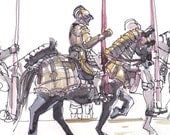 Medieval Knights in armor on horses, watercolor sketch Metropolitan Museum, new York- 8x8 print