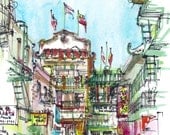 San Francisco Chinatown California Watercolor Sketch in red, blue, green and yellow - 8x10 print