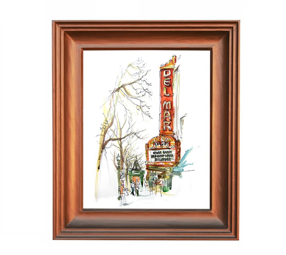 Santa Cruz Del Mar Art Deco Movie Theater, california Watercolor Sketch in red, yellow and burnt orange - 8x10 print