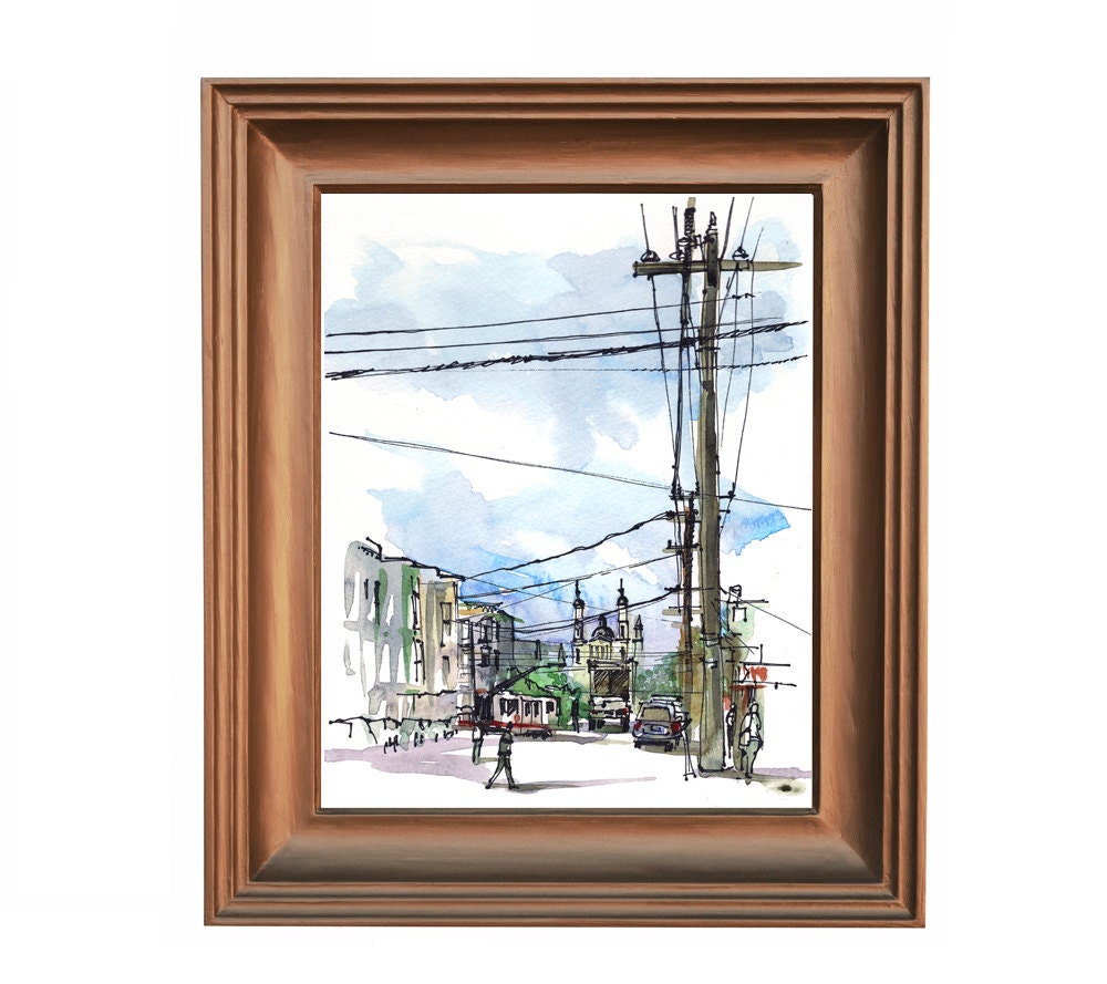 San Francisco Cole Valley power lines, urban watercolor sketch in blue and grey - 8x10 print