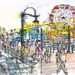 Santa Monica Pier, California, watercolor sketch in primary colors - 8x10 print