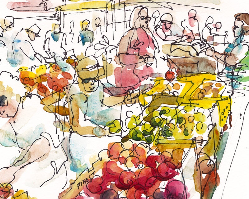 Farmers' Market California a study in red orange purple yellow and peach- 8x10 print from an original watercolor sketch