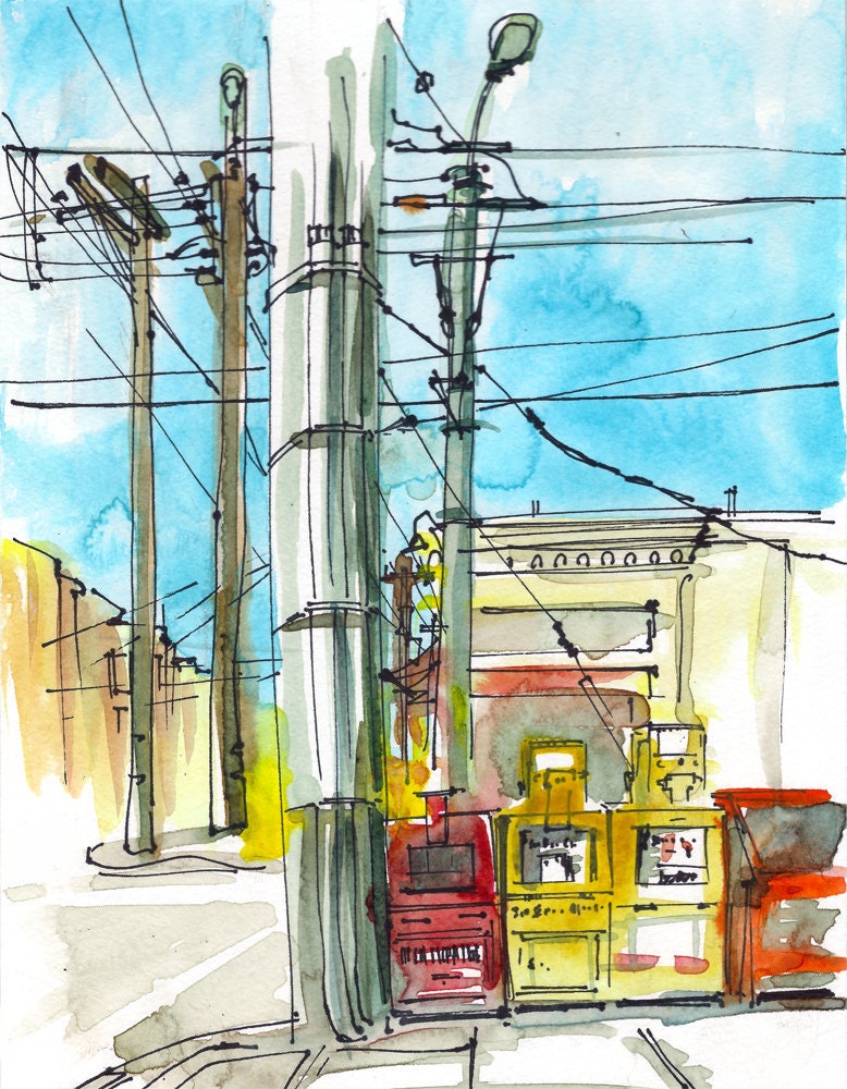 San Francisco Watercolor Sketch, Power Lines and Newspaper Dispensers, Urban travel sketch- 8x10 print