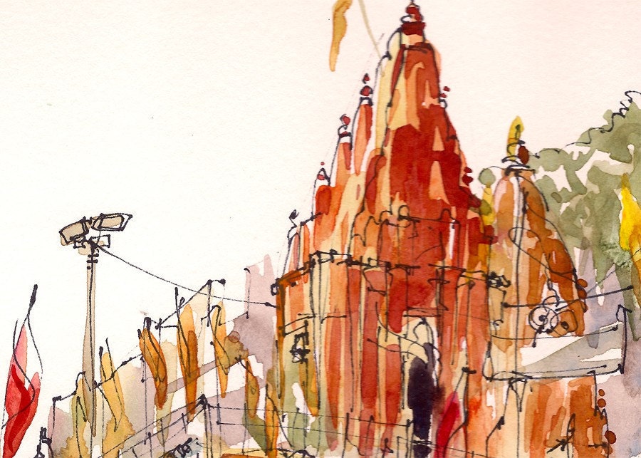 India Varanasi temple sketch for the traveler - 8x10 print from an original watercolor sketch