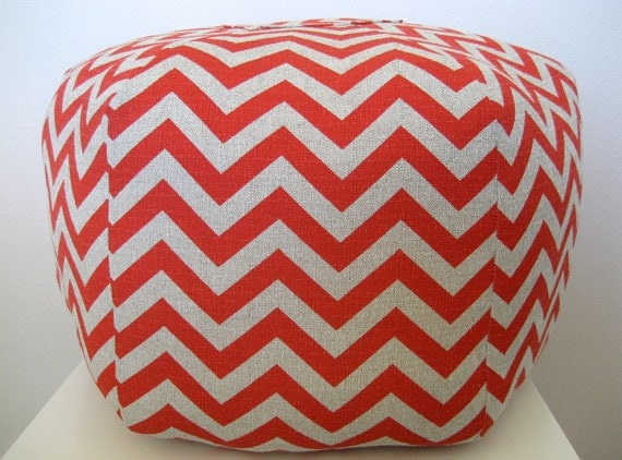 24" Ottoman Pouf Floor Pillow Red Natural Zig Zag Chevron