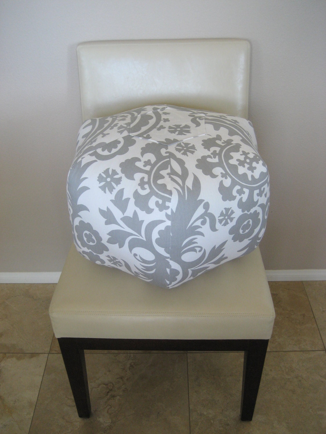 Grey White Suzani Twill 18" Ottoman Pouf Floor Pillow