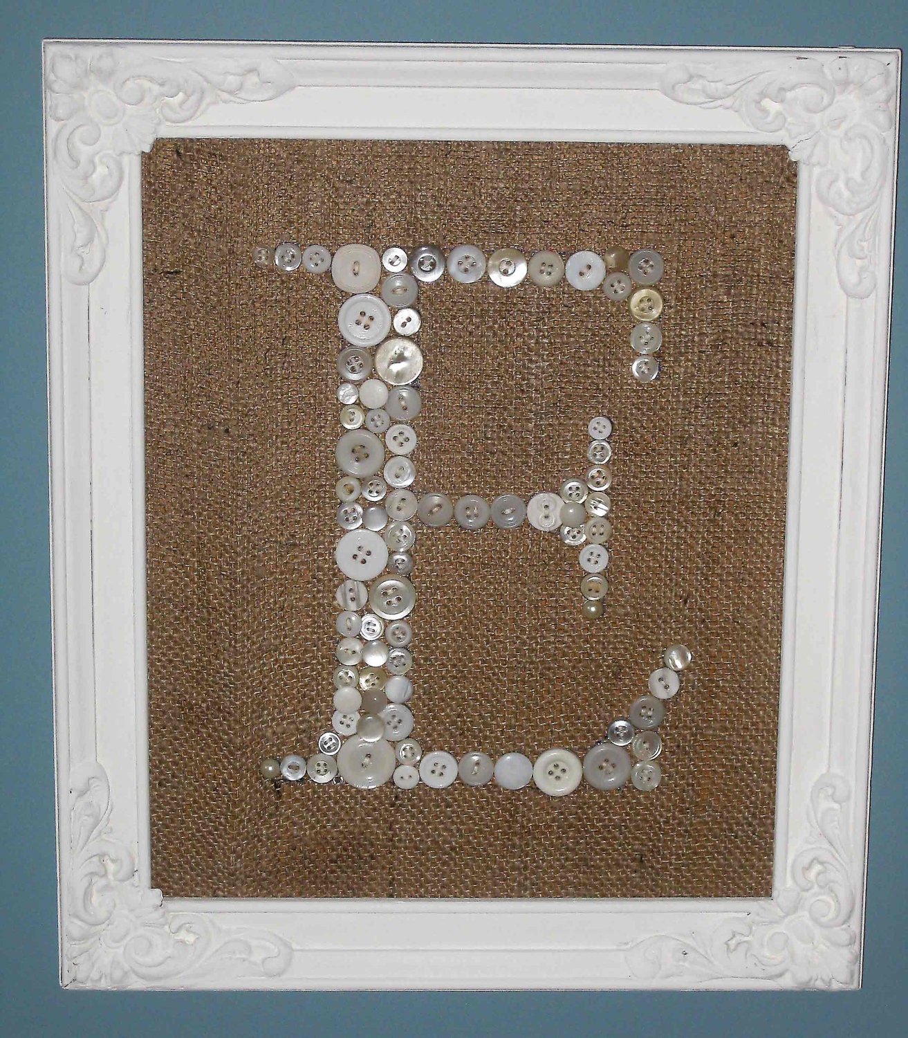 Letter E Button Monogram Antique Frame Included Burlap Vintage Buttons