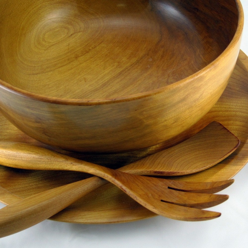 Wooden salad bowl, charger and servers - hand turned birch - vintage Woodbury's Woodware - RecentHistory