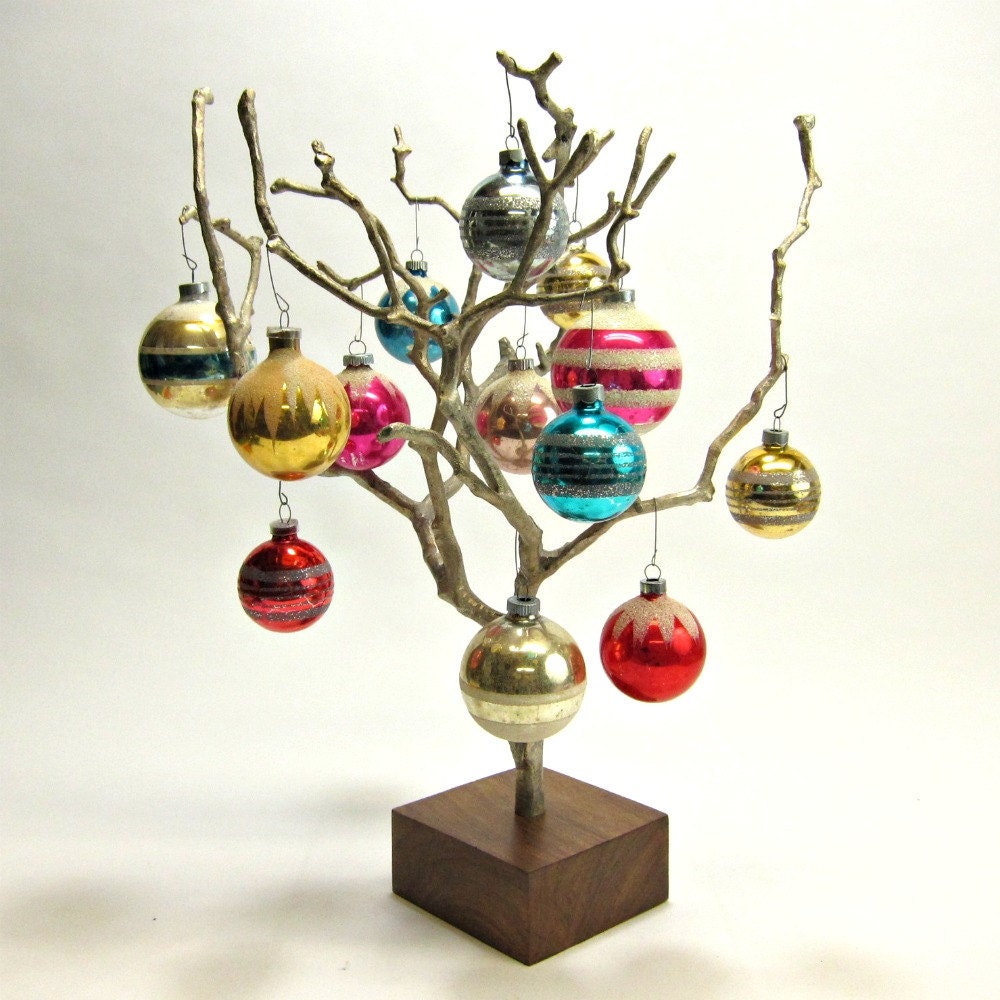 14 vintage glitter frosted and striped Christmas ornaments