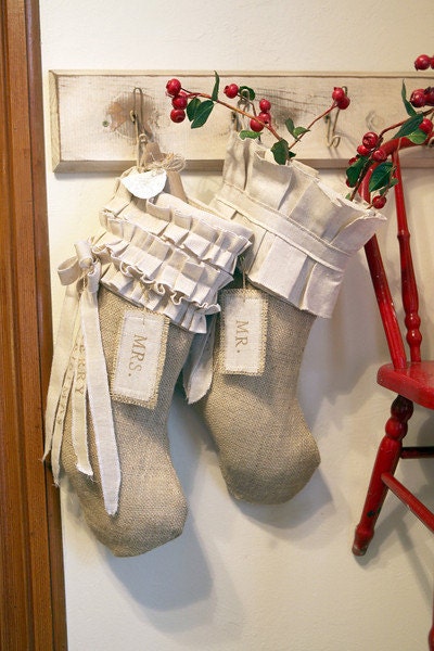 Mr & Mrs. Christmas stocking, Burlap on cotton, pleats and ruffles, bows and tassels, customized name tags