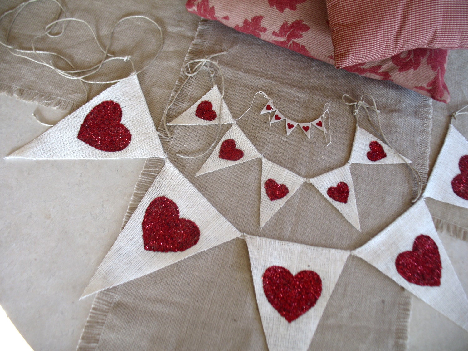 Valentine party package, cream burlap and red glitter hearts, three banners,