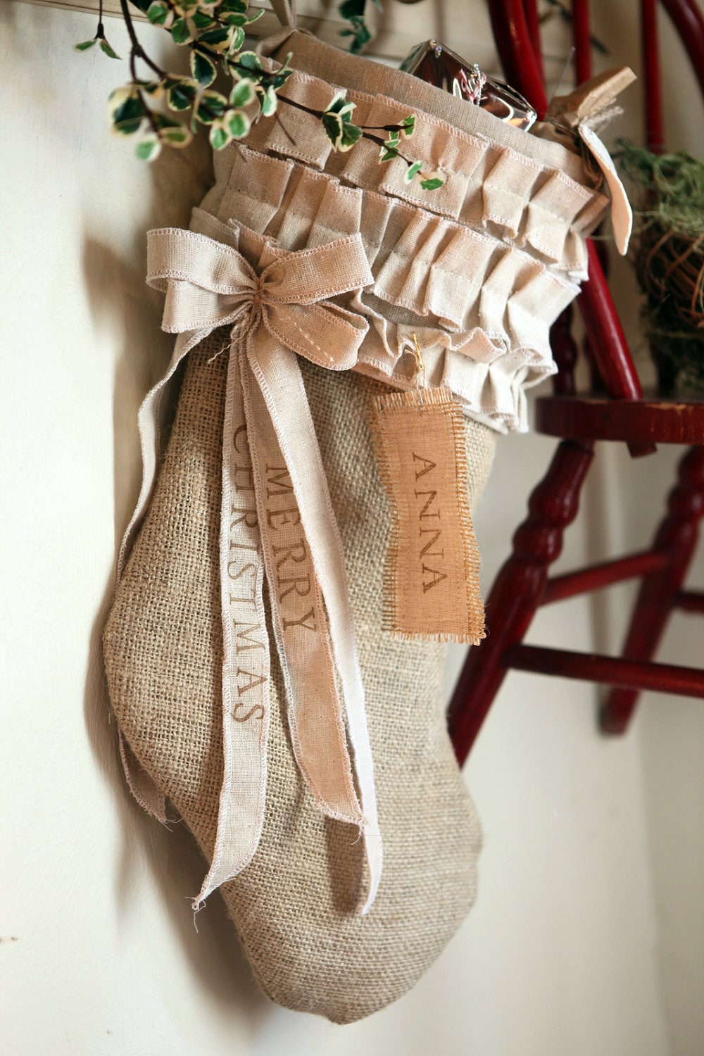 Burlap Christmas Stocking, cotton ruffles, custom, personalized