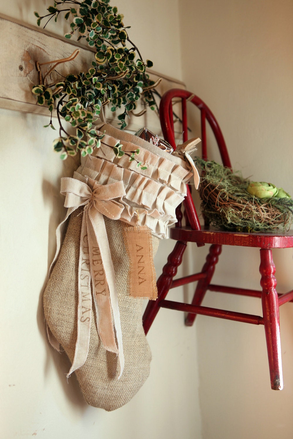 Burlap Christmas Stocking, cotton ruffles, custom, personalized