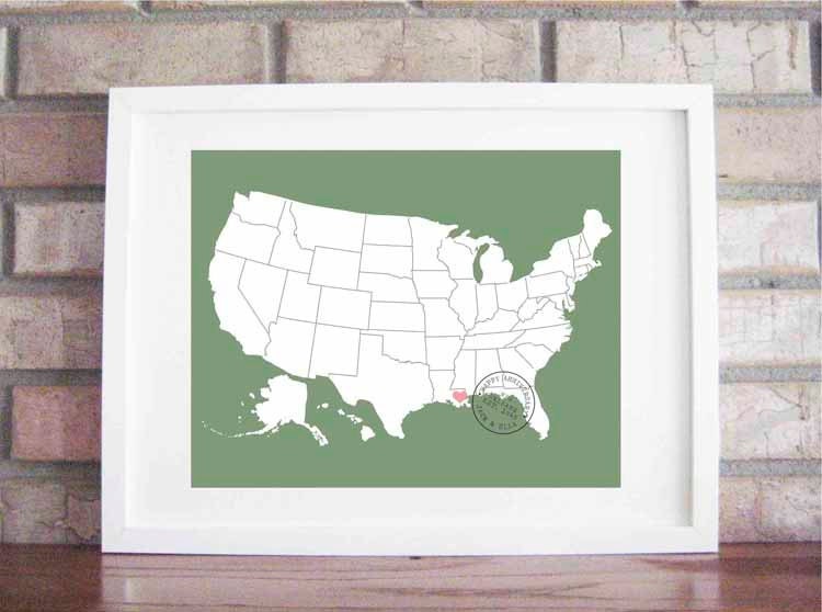 Custom Wedding / Anniversary Map and Stamp 11 x 14