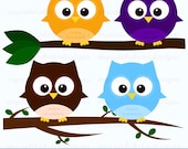 Owls clip art - with branches - colorful owls, great for scrapbooking, cardmarking