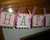 Happy Birthday Banner Pinks and Browns  Matching Tissue Pom Poms Available
