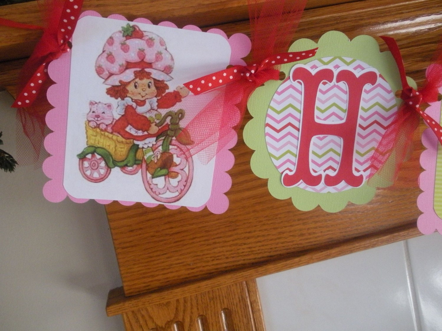 Birthday Banner Vintage Strawberry Shortcake Happy Birthday Banner Matching Tissue Pom Poms Available