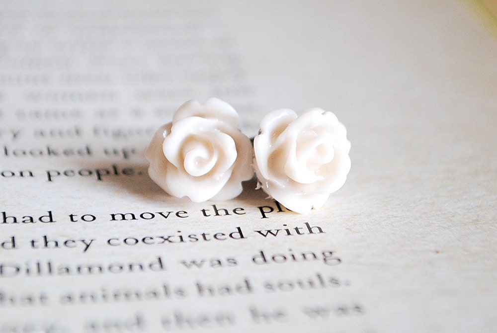 Cream Rose Earrings, Nickel Free Studs - Whipped Cream