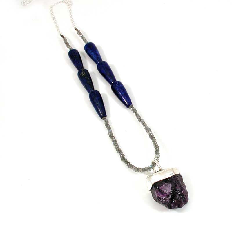 Raw Amethyst Necklace with Labradorite and Lapis - Handmade