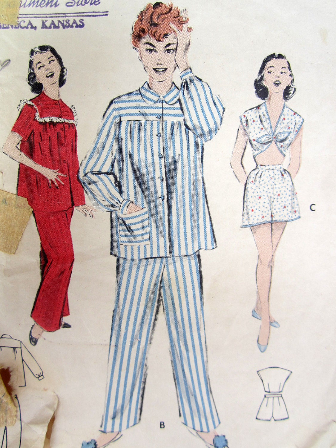 Vintage 50's Women's 2 Piece Pajama's Sewing Pattern -  Butterick 6996 - Size 14