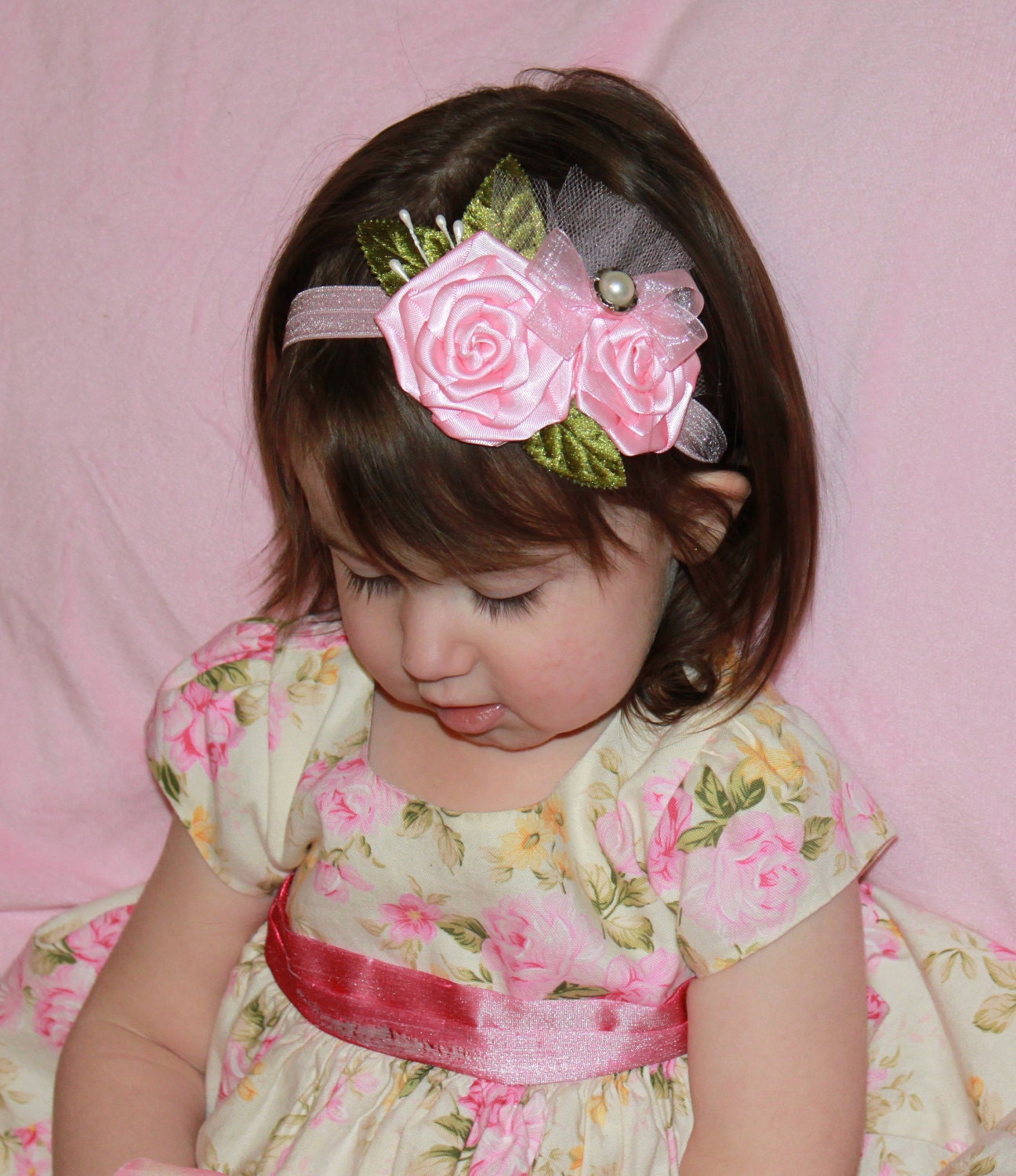 Pink Boutique Double Flower Roses Bow with Leaf accents on Elastic Headband Photo Prop - Many sizes available