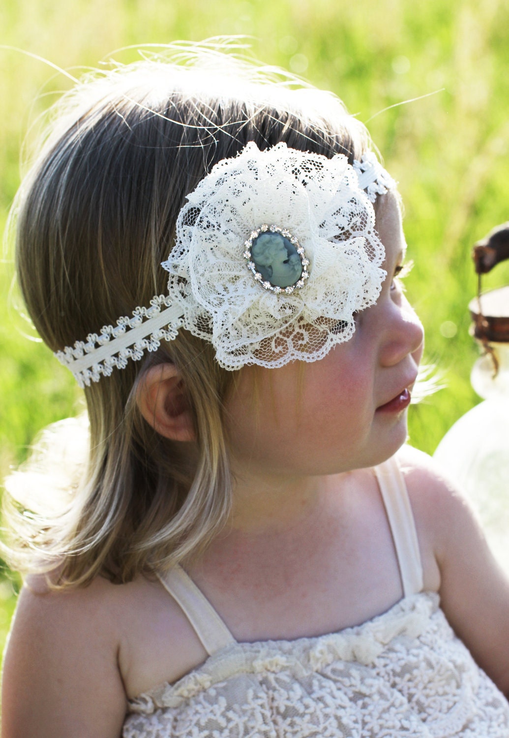 Baby Toddler Girl Boutique Vintage Inspired Ivory Cream Medium Lace Flower with Cameo Lady on Headband Photo Prop