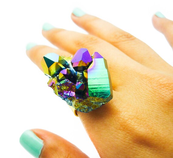 Titanium Quartz Rainbow Druzy Ring Aura Crystal Stone Cluster