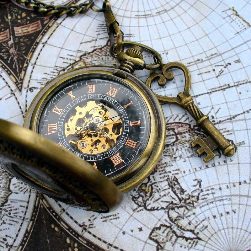 SALE ----  Steampunk  Jules Verne pocket watch key NECKLACE Victorian locket pendant charm