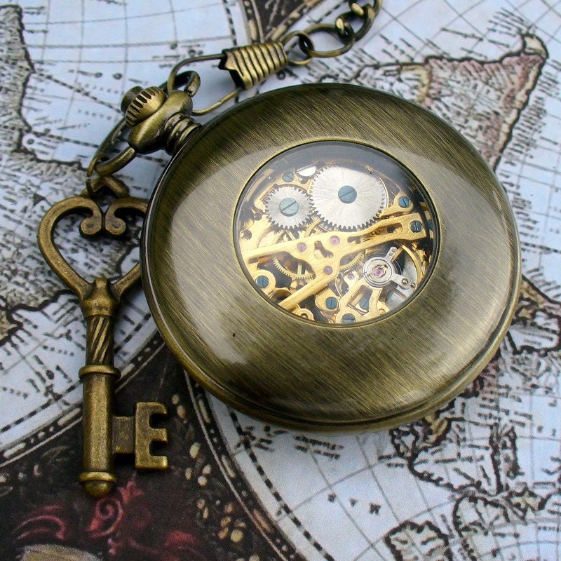 SALE ----  Steampunk  Jules Verne pocket watch key NECKLACE Victorian locket pendant charm