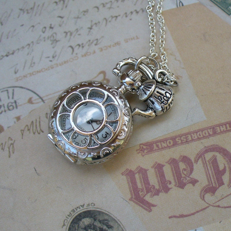 Alice in Wonderland Steampunk pocket WATCH necklace pendant charm locket TEA TIME-- never late for your T E A