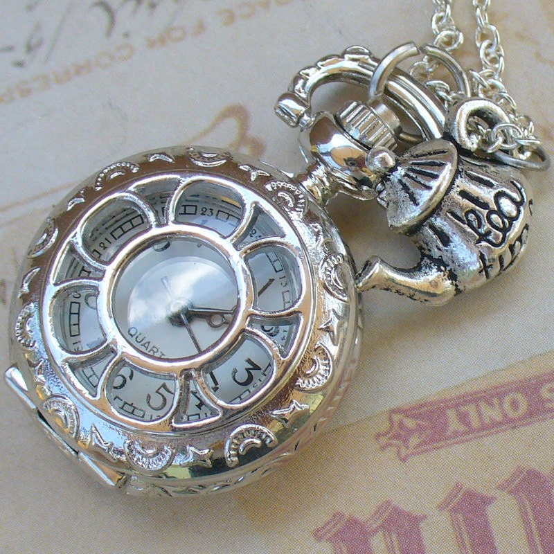 Alice in Wonderland Steampunk pocket WATCH necklace pendant charm locket TEA TIME-- never late for your T E A