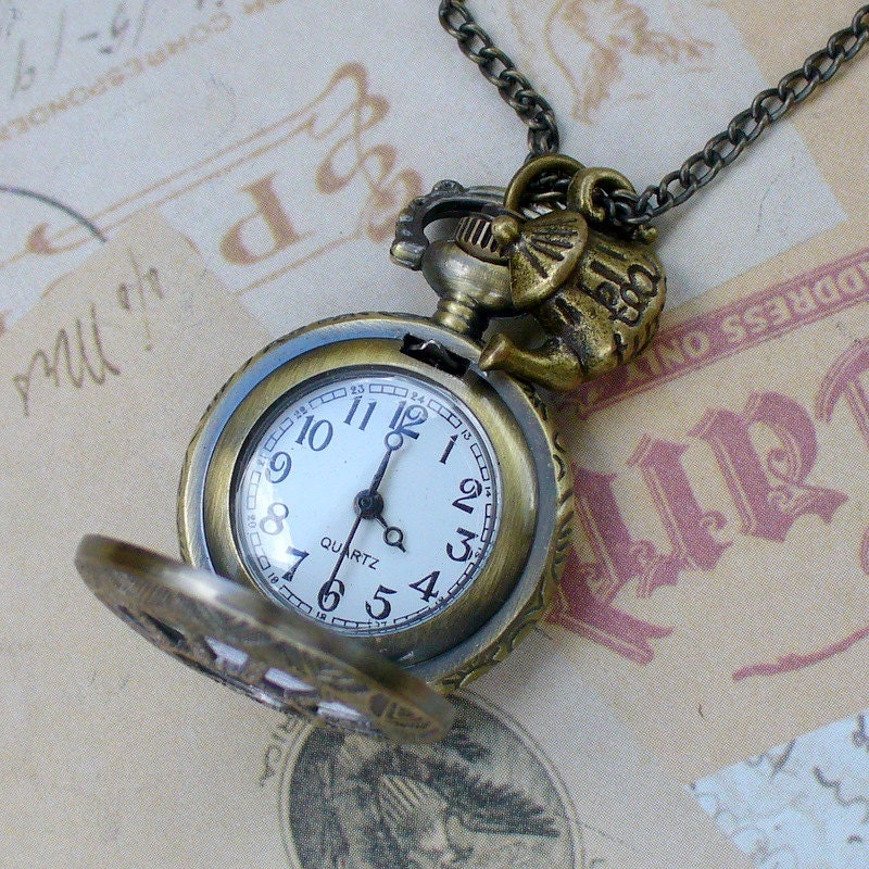 Steampunk TEA TIME  WATCH necklace -- never late for your T E A