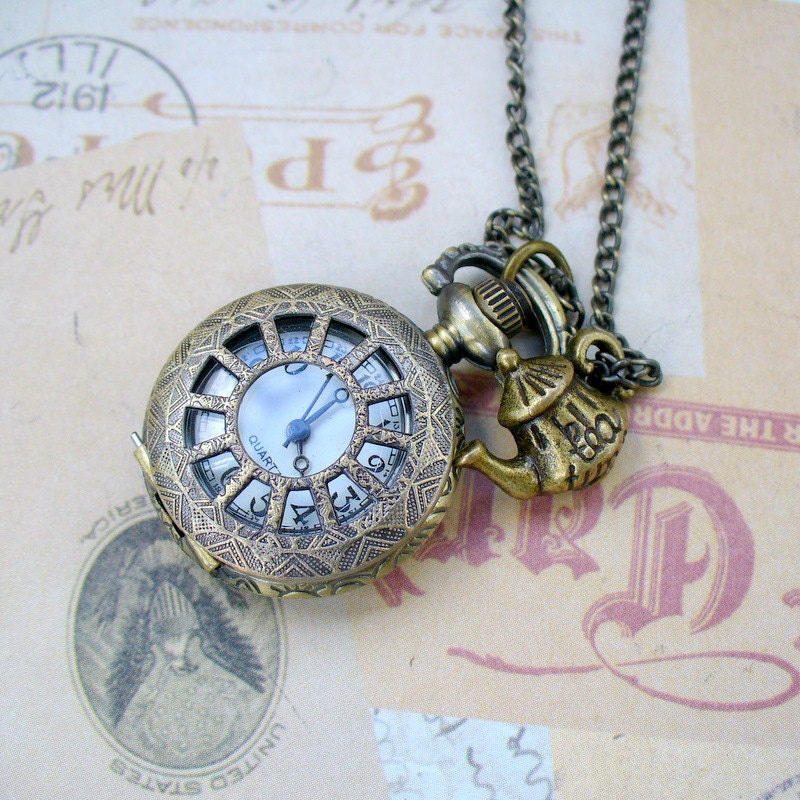 Steampunk TEA TIME  WATCH necklace -- never late for your T E A