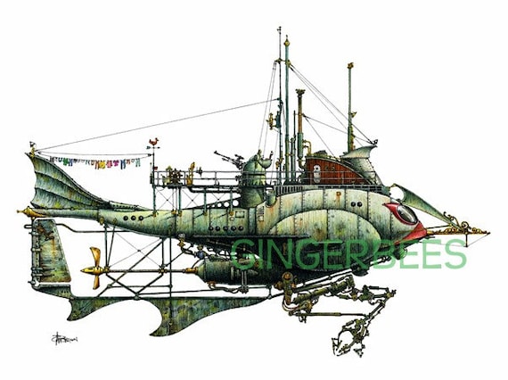 1 of 12 Fanciful Submarines, Giclee Print on Fine Art Smooth Paper(16"x12")
