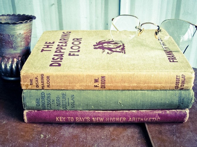 Three Hard Cover Vintage and Antique Books, Olive Green, Beige, & Burgundy