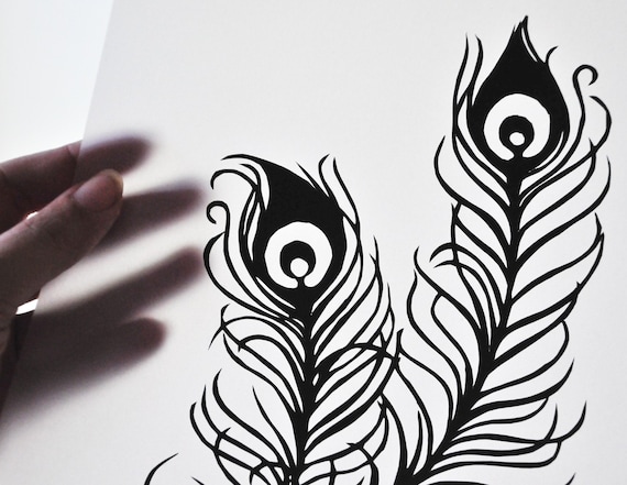 Peacock Feathers hand cut 8x10 silhouette on paper vellum
