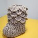 Alpaca Crochet Baby Booties, 0-6 or 6-12 months, Made to Order, Premium Alpaca rose grey yarn, quality wood buttons, Heirloom