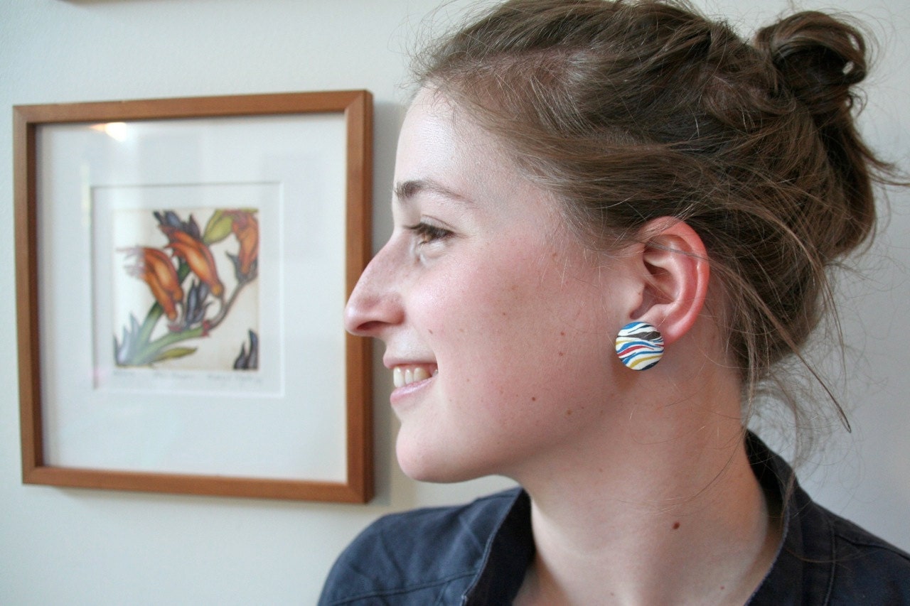 Geometric Bright Ear Studs (Earrings) - Liberty of London Cotton Tana Lawn - Red Yellow Blue Black